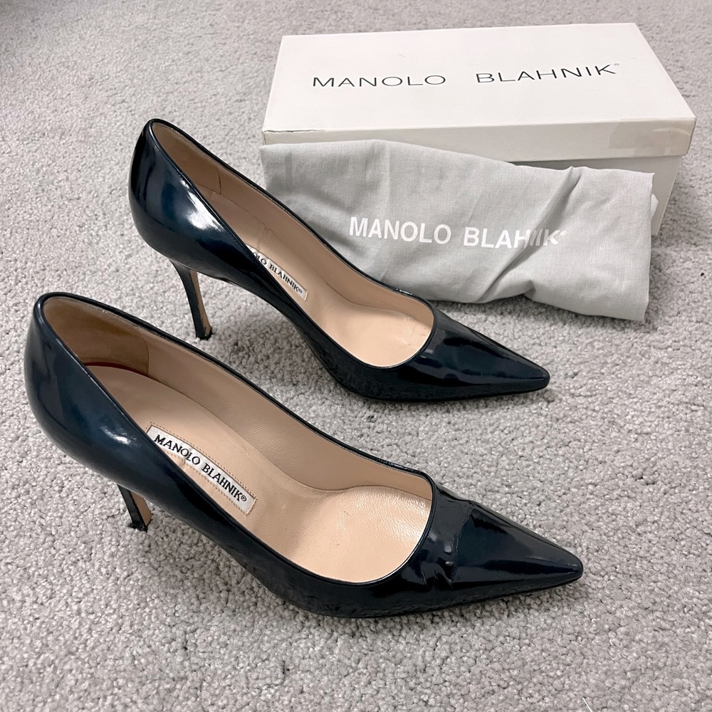 Manolo Blahnik Navy Blue Patent Newcio Pointed Toe Pumps Heels Size 8 / 38 - Picture 6 of 13